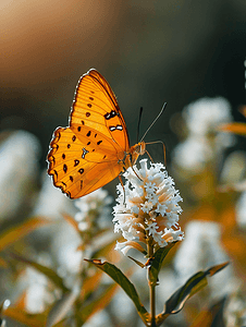 美丽的橙色蝴蝶栖息在一朵白花上