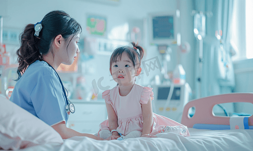 在病房里护士的床上照顾小女孩其背景模糊医疗保健概念