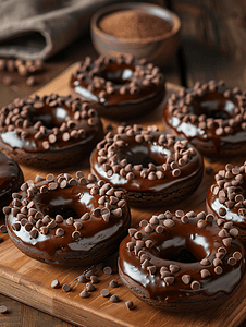 黑色卡通背景摄影照片_木制背景上的巧克力甜甜圈