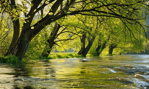 春天气候摄影照片_春季洪水河水溢出树木