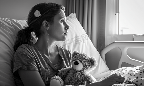 在医院房间黑白相片中带着泰迪熊的女