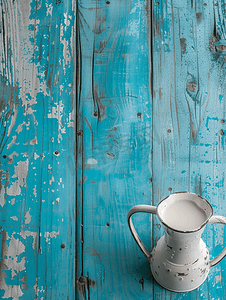 木质背景摄影照片_蓝色木质背景上的牛奶罐选择性焦点