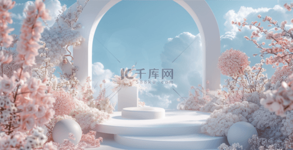 直播间竖版背景图片_618柔和蓝粉色直播间花朵拱门展台7背景