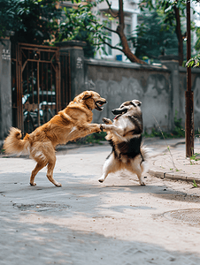 狗在街上玩耍宠物在夏天大狗打架遛宠物