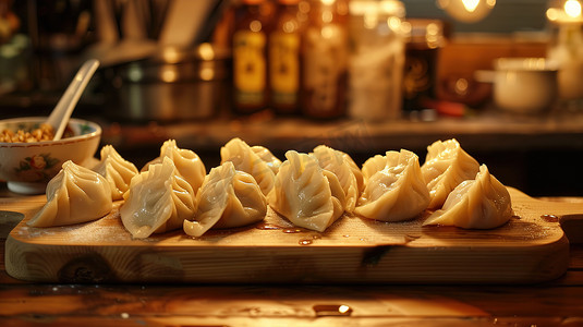 厨房板子上的饺子摄影照片