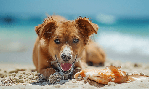 可爱鱼摄影照片_棕色有趣的狗在墨西哥海滩玩耍死鱼