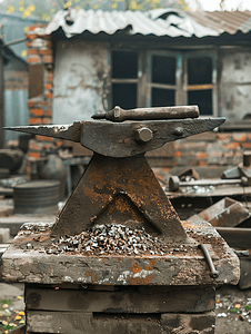 农村铁匠铺里有钳子和锤子的铁砧