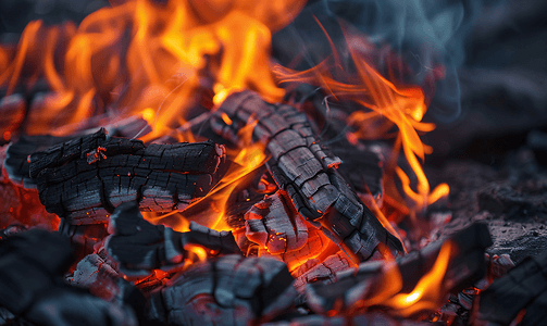 红军木头推车摄影照片_燃烧的木头燃烧的煤上的火焰