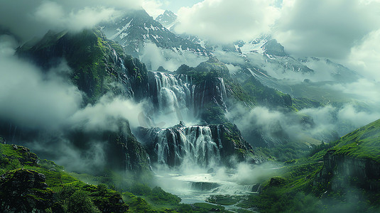 山脉雾气瀑布自然摄影照片