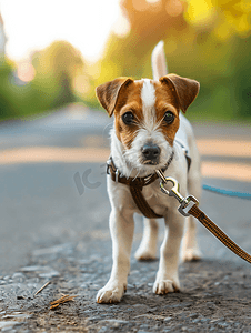 小型犬在散步夏季小型犬用皮带遛宠物