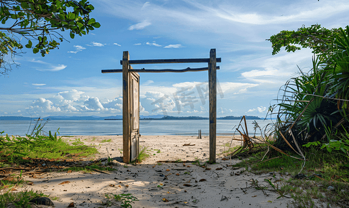 洞阳光摄影照片_丹戎丁宜海滩木门的景色