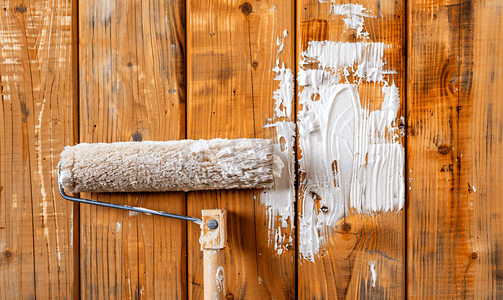 使用滚筒刷涂抹木墙