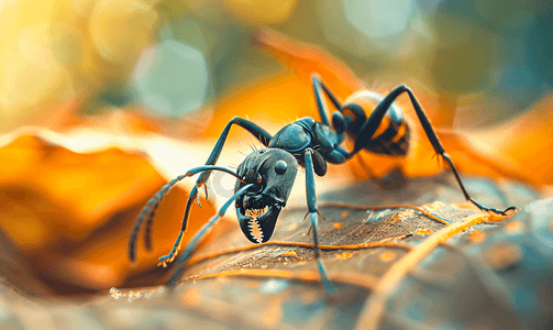 金色植物叶子摄影照片_干叶选择性聚焦上金腹黑蚂蚁的宏观照片