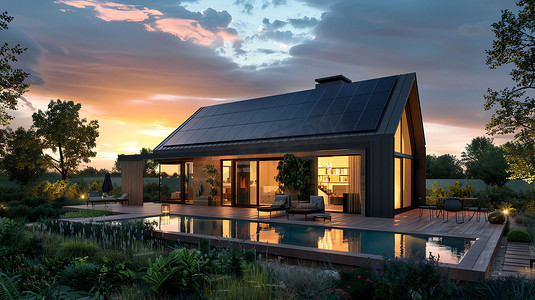屋顶摄影照片_太阳能屋顶房子夕阳摄影照片
