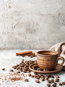 福气边框摄影照片_烤咖啡豆边框和一杯咖啡