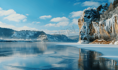 美丽的采石场湖上覆盖着冰