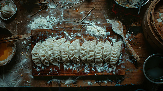 蛋煎饺子摄影照片_厨房板子上的饺子摄影图