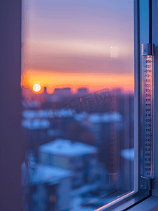 热暮色中窗户和蓝天上的温度计