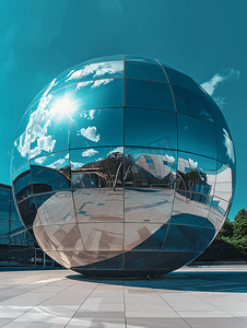 反光玻璃摄影照片_蓝天反射的玻璃球形现代建筑