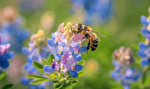 一只蜜蜂拜访粉红色的矢车菊