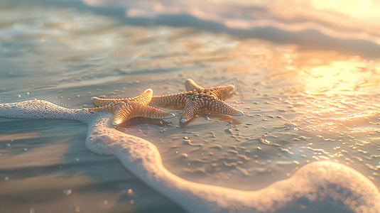 日出时海滩上的海星摄影照片