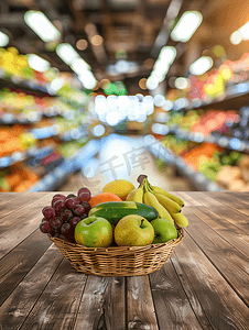 杂货店超市木桌上放有水果的购物篮模糊背景