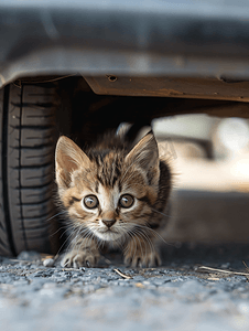 小猫在车下宠物躲藏起来猫爬到运输工具下丢失的动物