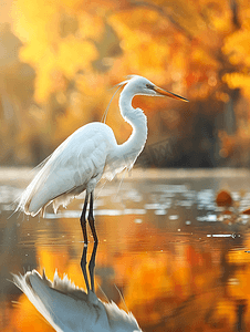 秋天的早晨德克萨斯州一只白鹭站在平静的池塘里