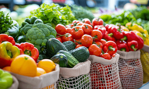 环保食品摄影照片_可重复使用的农产品购物袋中的新鲜蔬菜