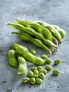大豆食品摄影照片_冷冻毛豆荚和种子未成熟大豆