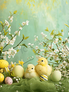 海报可爱黄色摄影照片_复活节背景与复活节小鸡和鸡蛋复活节装饰