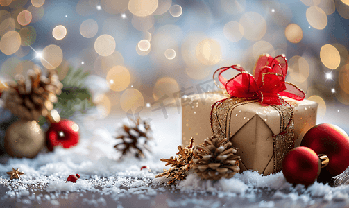 框灯光摄影照片_抽象背景和雪花上的礼品盒和圣诞装饰