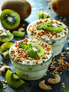 自制酸奶配格兰诺拉麦片、猕猴桃干果和坚果生物最健康种子