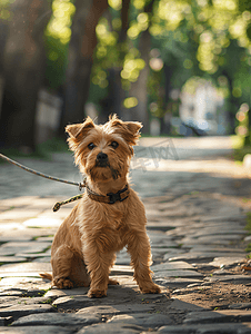 小型犬在散步夏季小型犬用皮带遛宠物