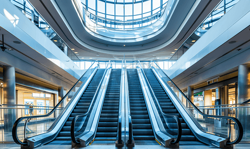 商场店铺实景摄影照片_购物中心的十字交叉自动扶梯
