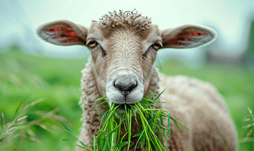 吃绿草的羊头的特写