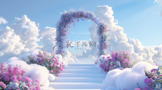 直播间竖版背景图片_618柔和蓝粉色直播间花朵拱门展台设计