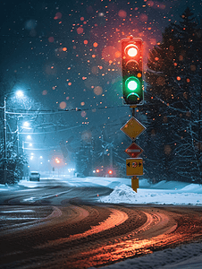 雪夜里的交通灯