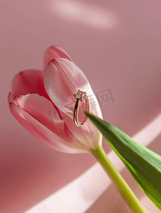 钻石发光摄影照片_结婚戒指放在假粉色郁金香花中