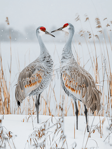 密西西比州摄影照片_一对沙丘鹤在雪地和草丛中