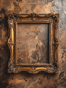 欧式相框边框摄影照片_棕色墙壁上的古老宽巴洛克金色相框