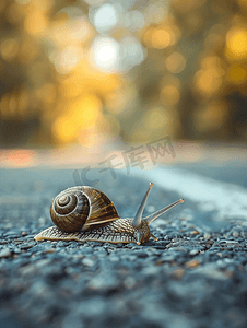 一只大蜗牛在模糊的灰色斑点背景上爬在地上
