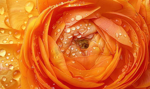 春天从上面用水滴拍摄的橙色毛茛的特写