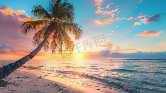 热带海滩上美丽日落高清摄影图