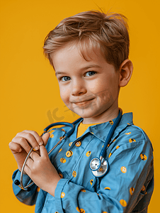 实际游戏身着医疗制服的小男孩玩听诊器橙色全景背