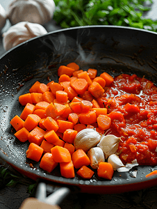 大蒜摄影照片_胡萝卜、大蒜和豆子配上番茄酱放在锅里煮熟然后关闭视图