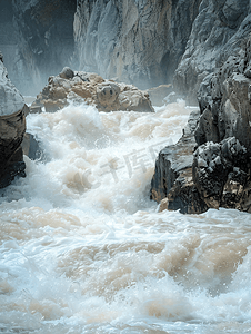 巨石间汹涌而急的水流