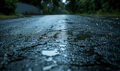 道路被雨水打湿路面龟裂且潮湿