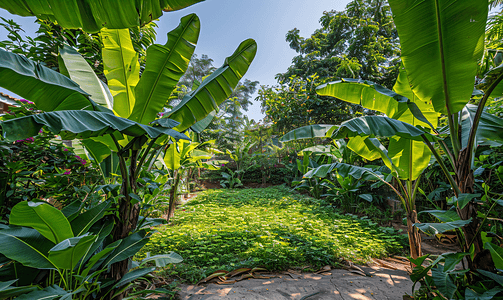 花园里的绿色香蕉树香蕉种植园香蕉叶自然景观