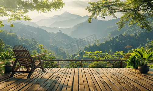 背景绿色背景摄影照片_户外露台甲板和椅子有山丘背景